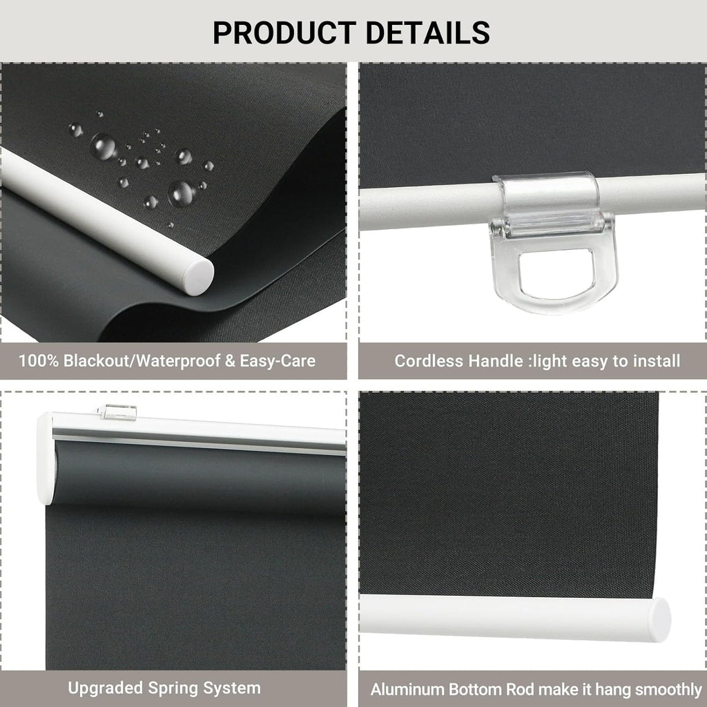 100% Blackout Indoor Cordless Roller Shades for Windows,Room Darkening Rolled Up Blinds with Spring System,Thermal