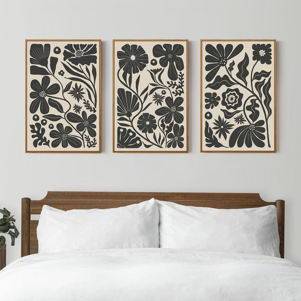 Black Floral Botanical Framed Canvas Wall Art Set, Abstract Floral Market Wall Decor, Modern Vintage Wall Painting