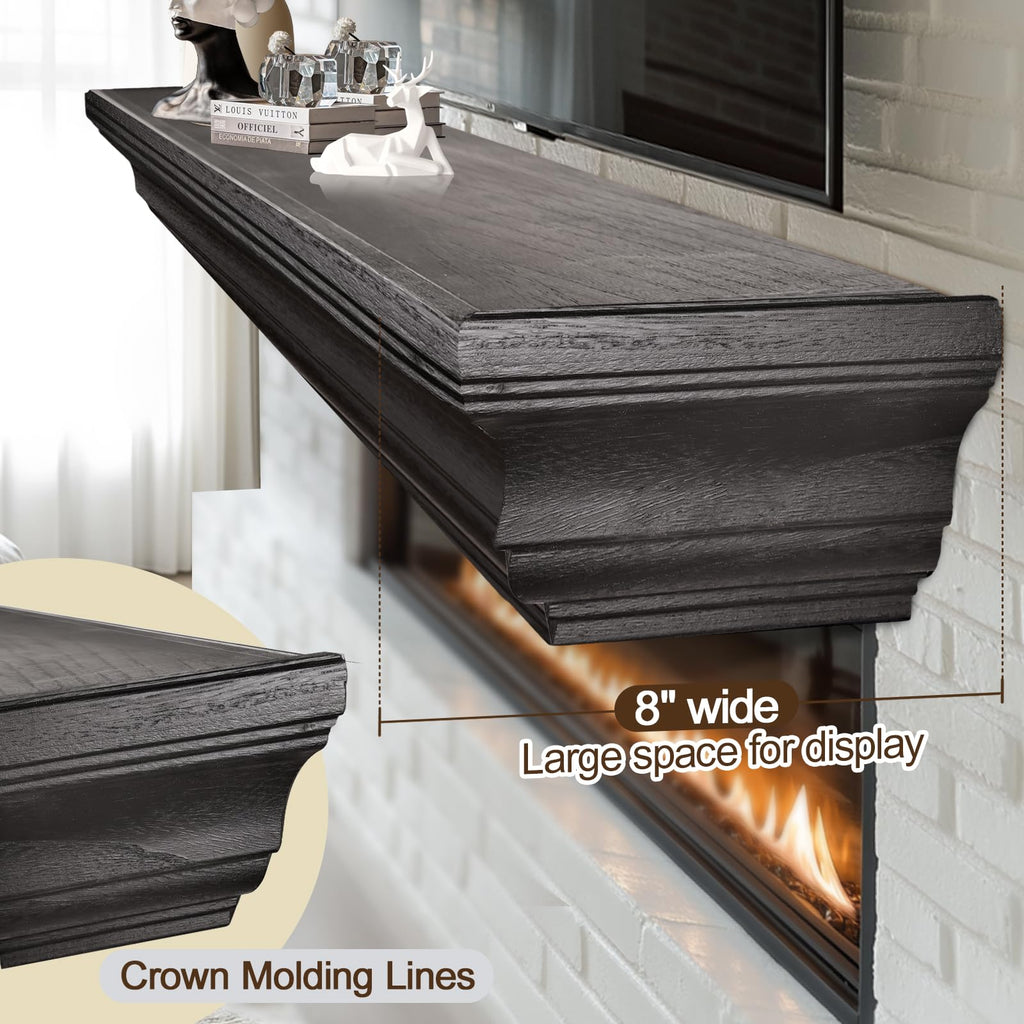 Rustic Fireplace Mantel 72", Solid Wood Floating Shelf, Black