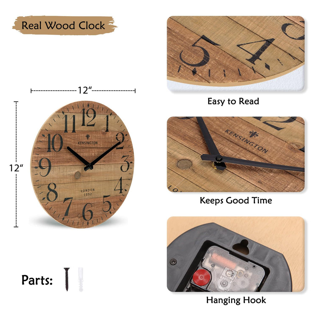 12 Inch Rustic Solid Wood Wall Clock, Farmhouse Country Decor