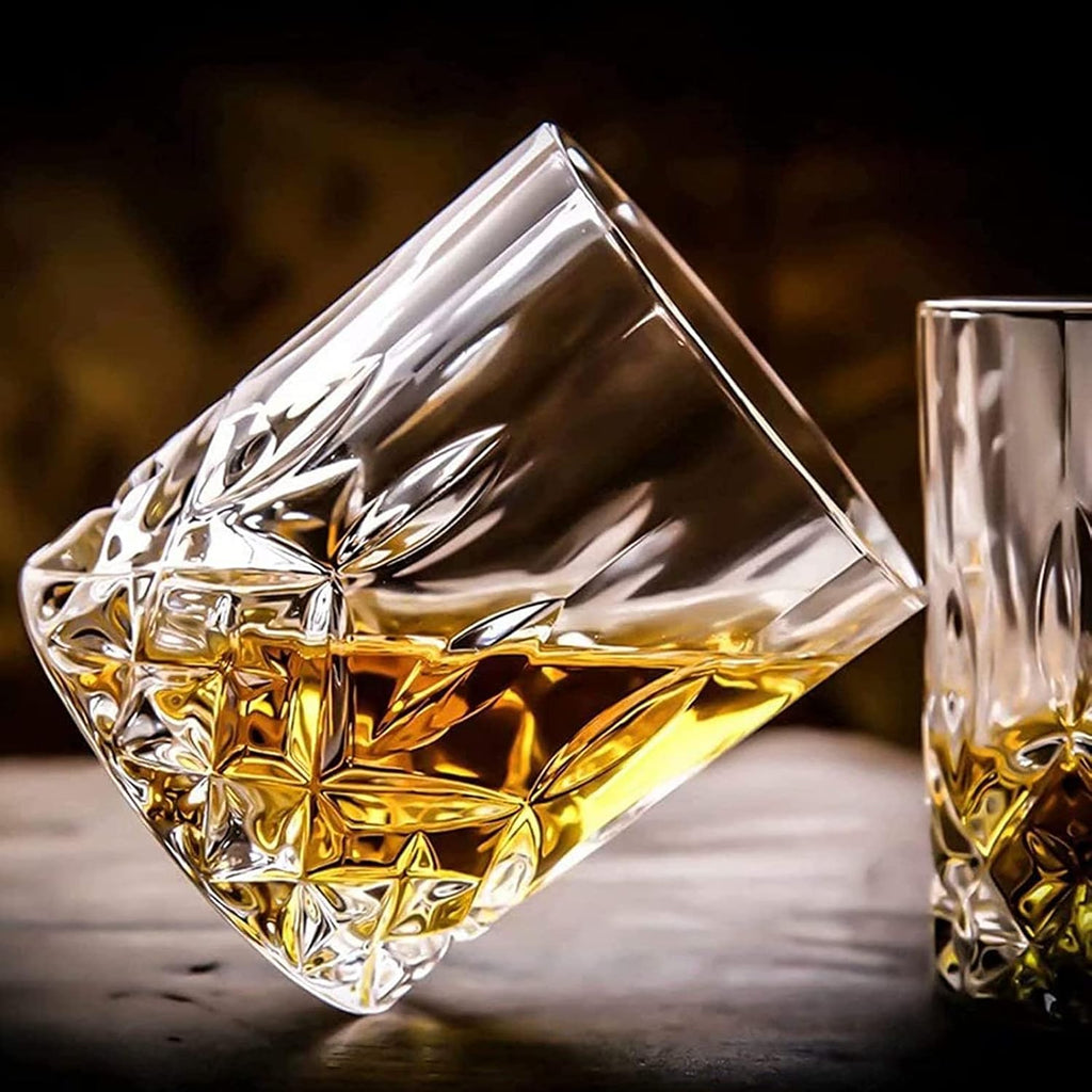 Old Fashioned Whiskey Glasses, Set of 4 (2 Crystal Bourbon Glasses, 2 Round Big Ice Ball Molds) In Gift Box - 11 Oz