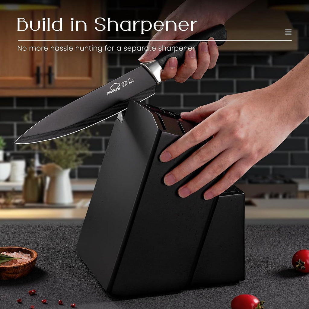 Knife Set, 21 Pieces Kitchen Knife Set with Block and Sharpener, Ultra-Sharp Knives Set with Ergonomic Handles, Black