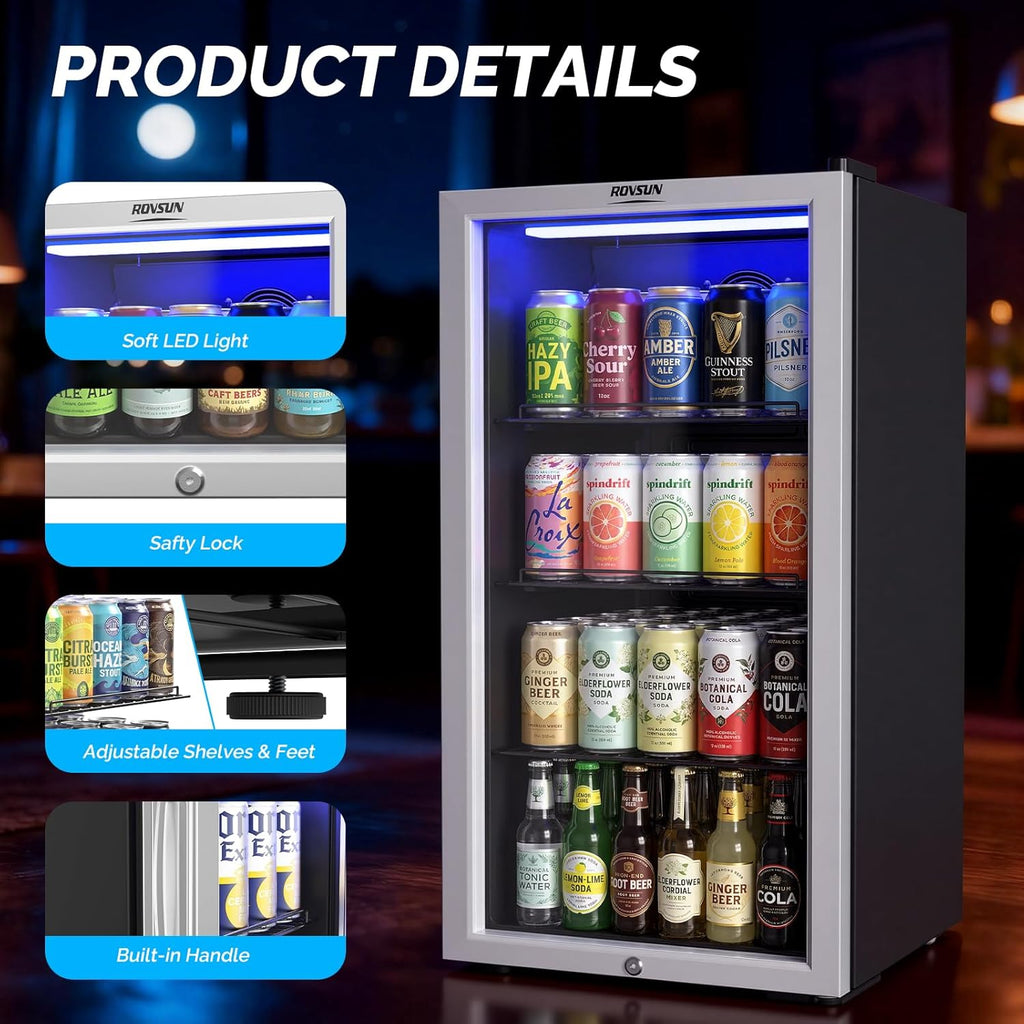 3.3 Cu.Ft. Beverage Refrigerator Cooler with Double Layer Glass Door & Adjustabl
