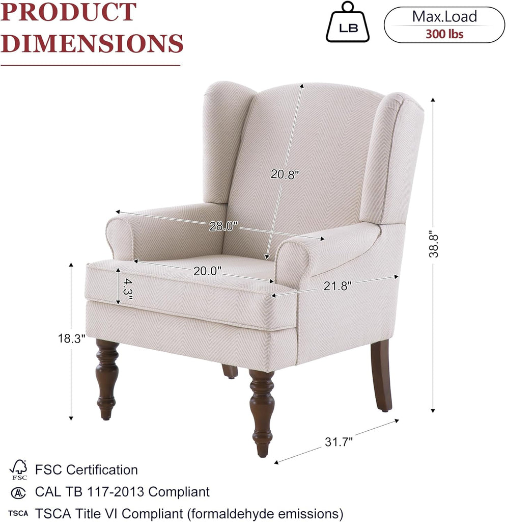 Printed Wingback Accent Chair, Linen Upholstered High Back Armchair, Comfy Reading Chair Bedroom Study, 300lbs Weight