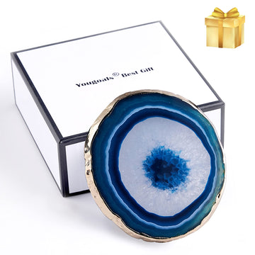 Agate Coasters Blue, Brazilian Geode Coasters for Drinks with Gold Rim(4"-3.5"), Natural Gem Stone Coasters