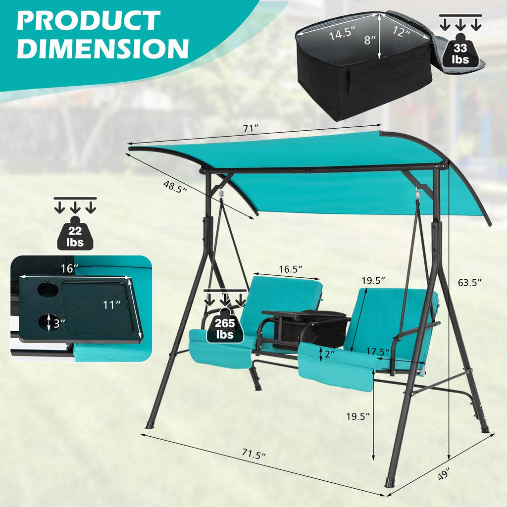 2 Person Porch Swing with Cooler Bag, Turquoise