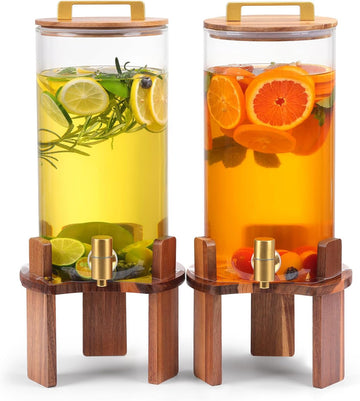1.5 Gallon Glass Drink Dispenser, Beverage Dispenser With Wood Stand, Lid and Stainless Steel Spigot, Large - Set of 2