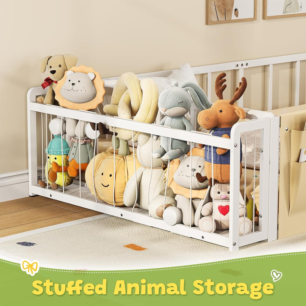 Montessori Twin Floor Bed with Stuffed Animal Storage and Caddy | Boys and Girls,Rail Fence,Metal Frame,No Box Spring