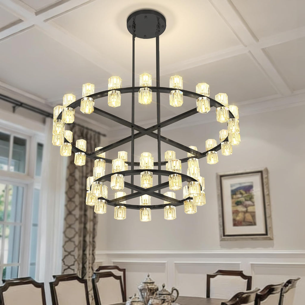 Inspired Arcachon Style 2-Tier Round Wagon Wheel Chandelier, 32" + 40" 72-Light Black — Foyer, Great Room & Dining