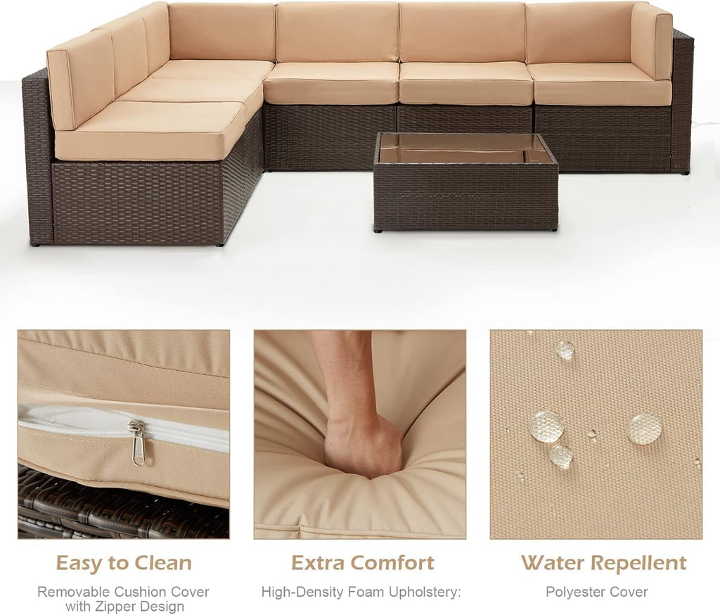 7 Piece Outdoor Patio Furniture Set, PE Rattan Wicker Sofa Set, Outdoor Sectional Furniture Chair Set with Cushions