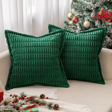 Christmas Green Corduroy Decorative Throw Pillow Covers Pack of 2 Soft Striped Pillows Pillowcases with Broad Edge