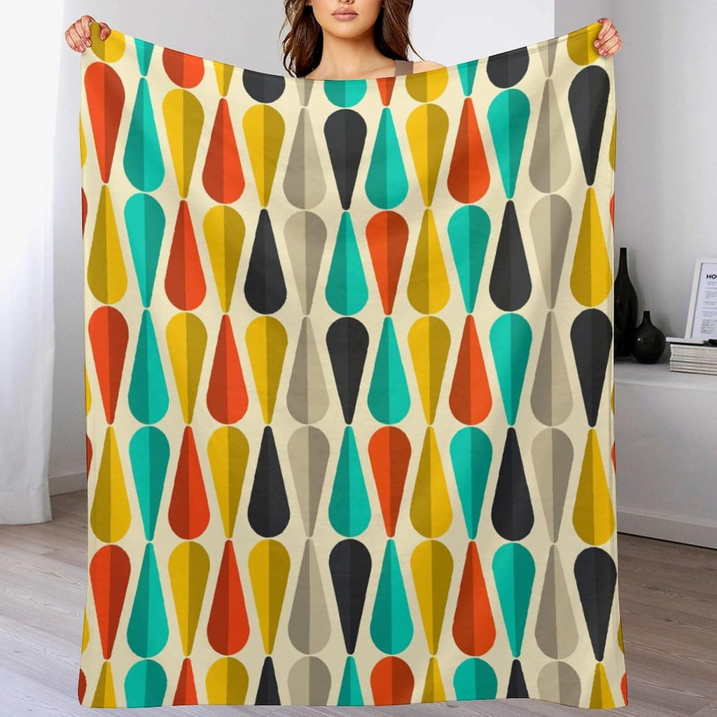 Mid Century Throw Blanket, Modern Drop Shape Retro Colors Boho Orange Teal Black Geometric Pattern Throws Blankets