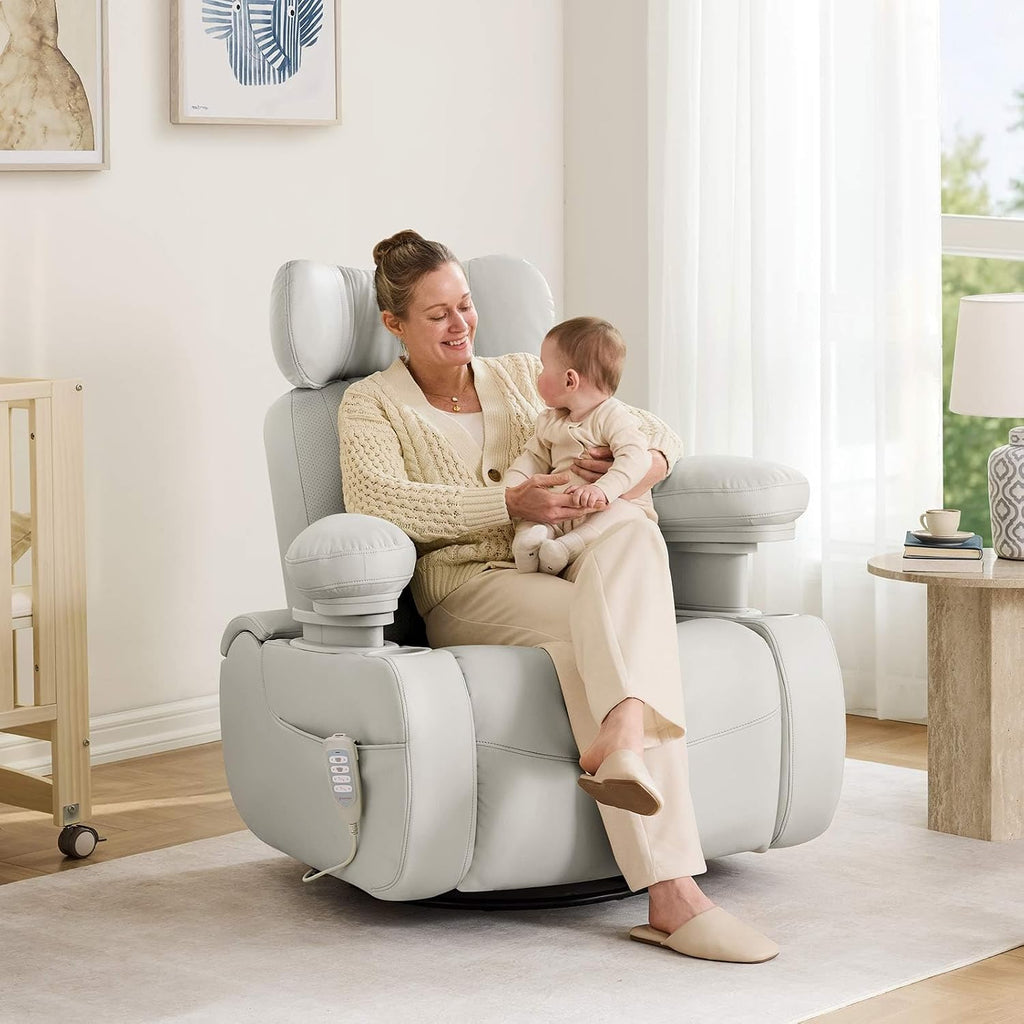 Lullapod Max Power Nursery Rocking Chair with Independent Recline & Footrest, Swivel Nursery Recliner Glider with