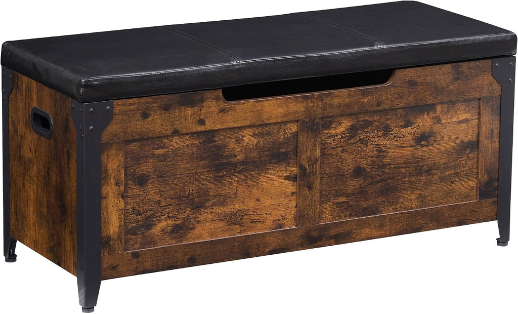 Storage Chest, Wooden Storage Trunk with Metal Frame, Entryway Shoes Bench with Cushion, Large Storage Organizer