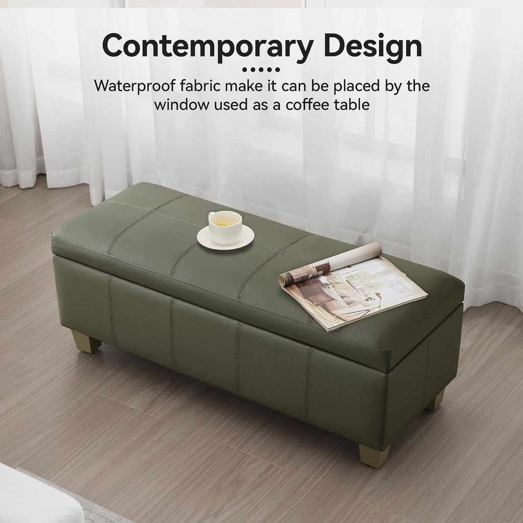 41" Faux Leather Storage Ottoman, Stitch Tufted Rectangle Upholstered End of Bed Storage Bench, Entryway Large Couch