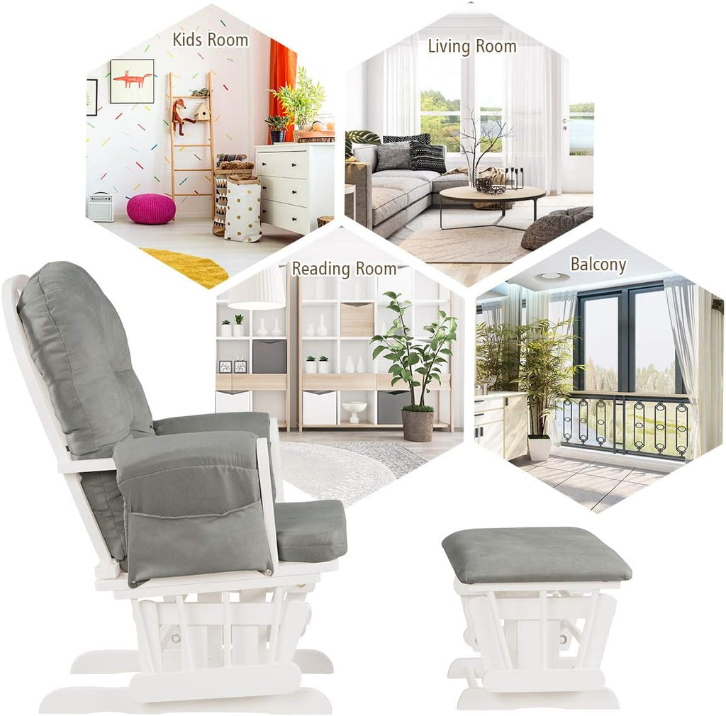 Nursery Glider with Ottoman, Upholstered Comfort Glider Rocker with Padded Cushion, Storage Pocket, Solid Wood Base