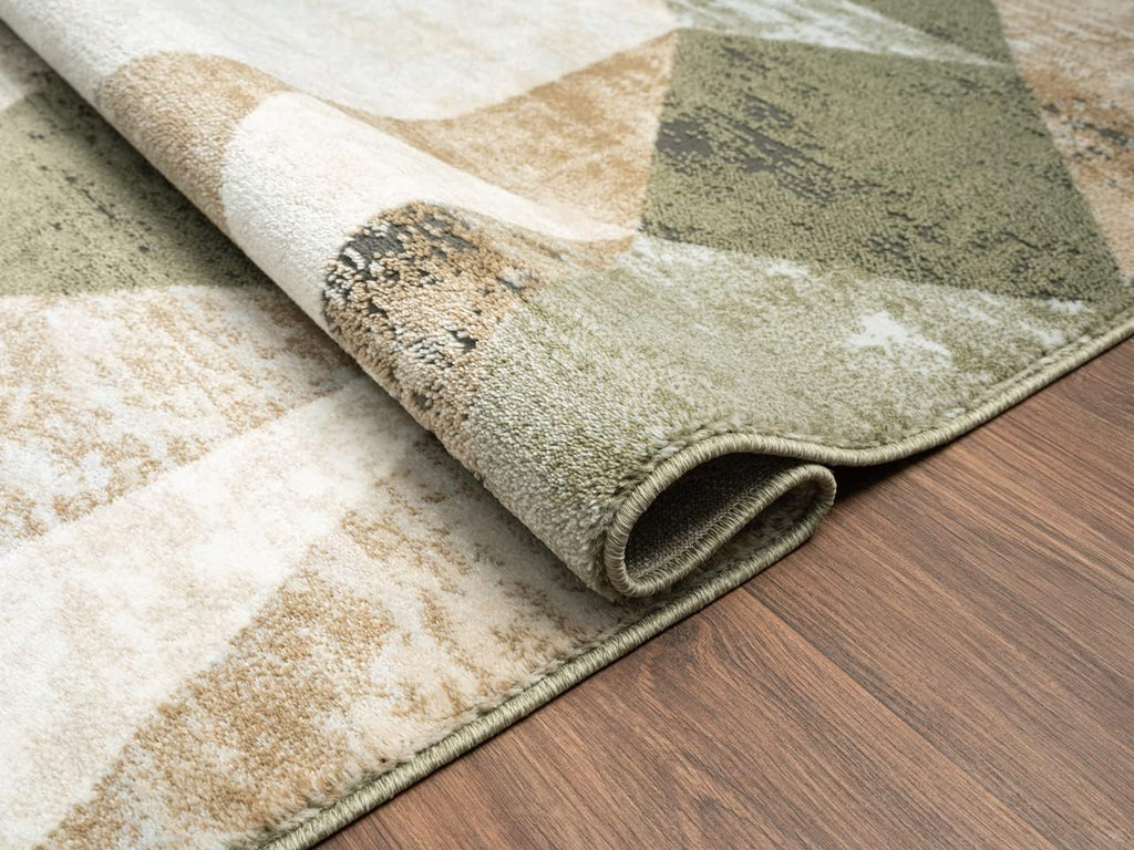 Savoy Collection Area Rug - Green and Cream Geometric Design - Easy to Clean - Durable for Kids and Pets