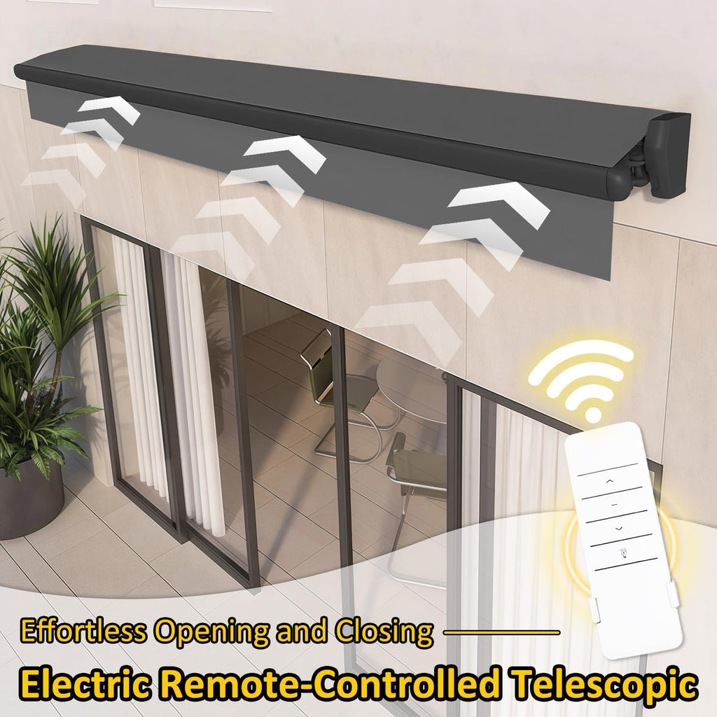 Electric Retractable Awning, Automatic Retractable Awning & LED Light, Motorized Outdoor Shade Waterproof Fabric for