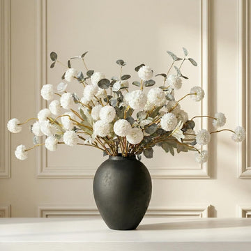 White Faux Kiku Flowers for Vase(NOT Included) - 10 Long Stem Artificial Flowers with Eucalyptus, Realistic Floral