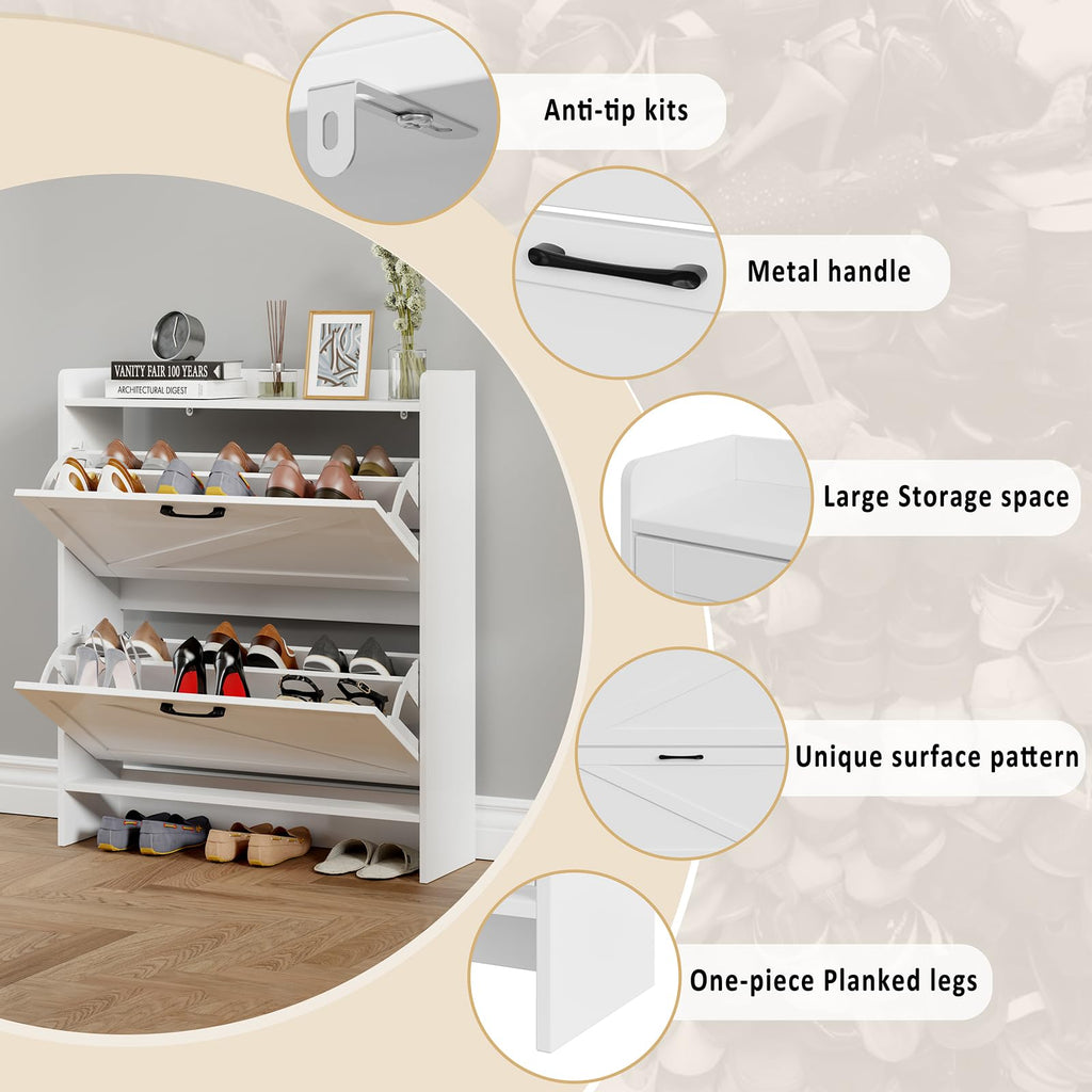 Shoe Cabinet Storage, Hidden Shoes Storage Cabinet with 2 Flip Drawers, Freestanding Shoes Cabinet with Adjustable