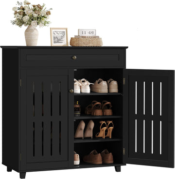 Shoe Cabinet, 4-Tier Shoe Storage Cabinet with Drawer & Adjustable Shelves, Shoe Rack Cabinet , Black