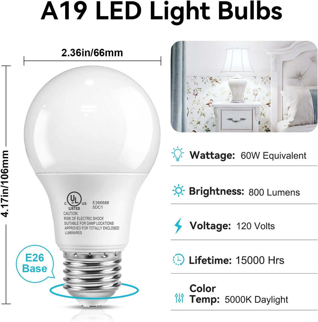6 Pack LED Light Bulbs 60 Watt Equivalent, Daylight White 5000K A19, Efficient 9W, E26 Standard Base, 800 LM Energy