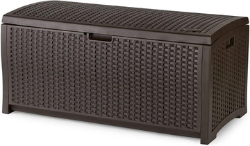 Outdoor Storage Box - 73 Gallon Mocha Brown Deck Box , weather-resistant Outdoor Storage Bench, Resin Wicker Style