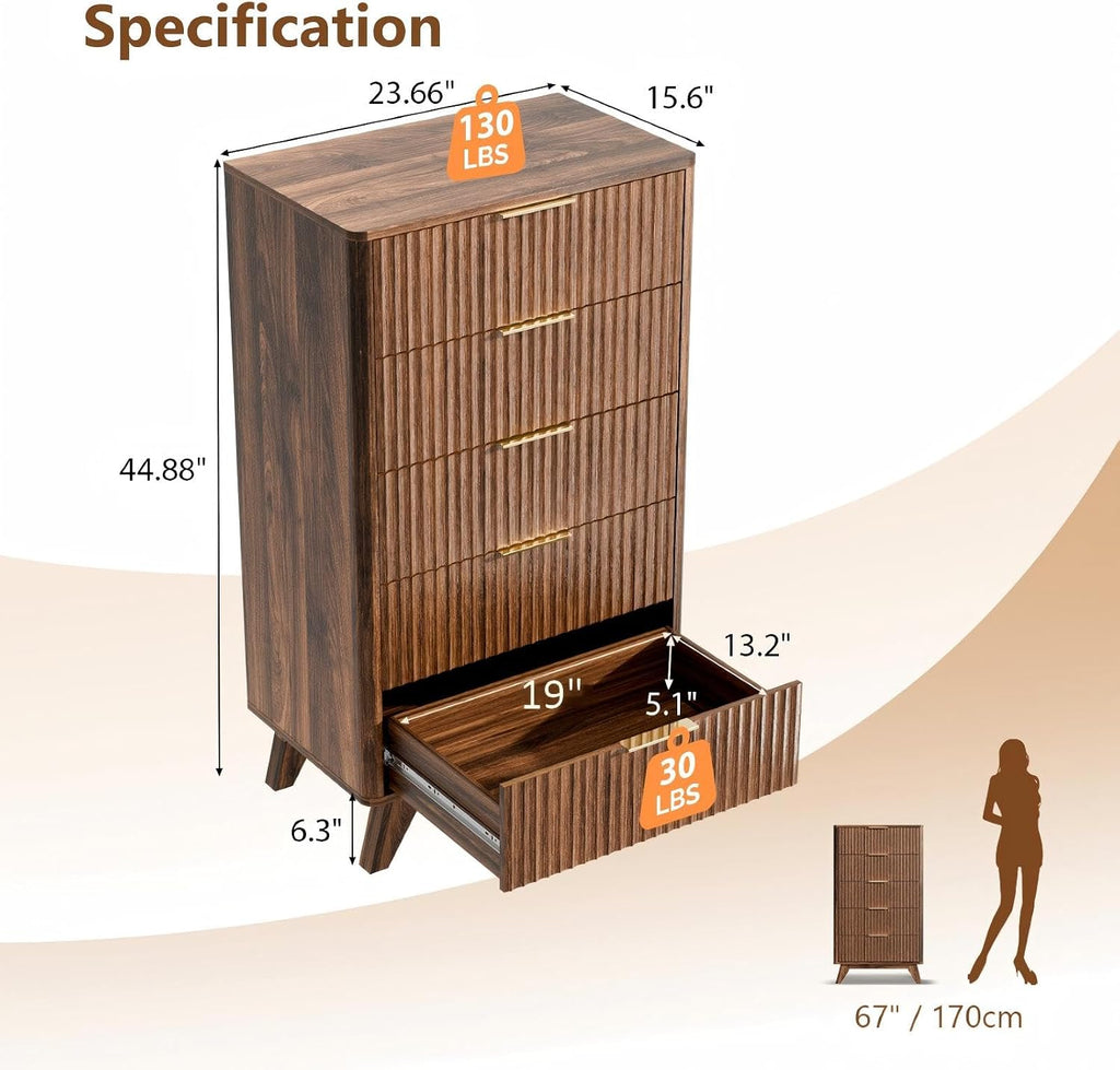 Fluted Tall Dresser 5 Drawer, 23.66" W Chest of Drawers, Walnut Wood Dresser Mid Century Modern with Rounded Edge