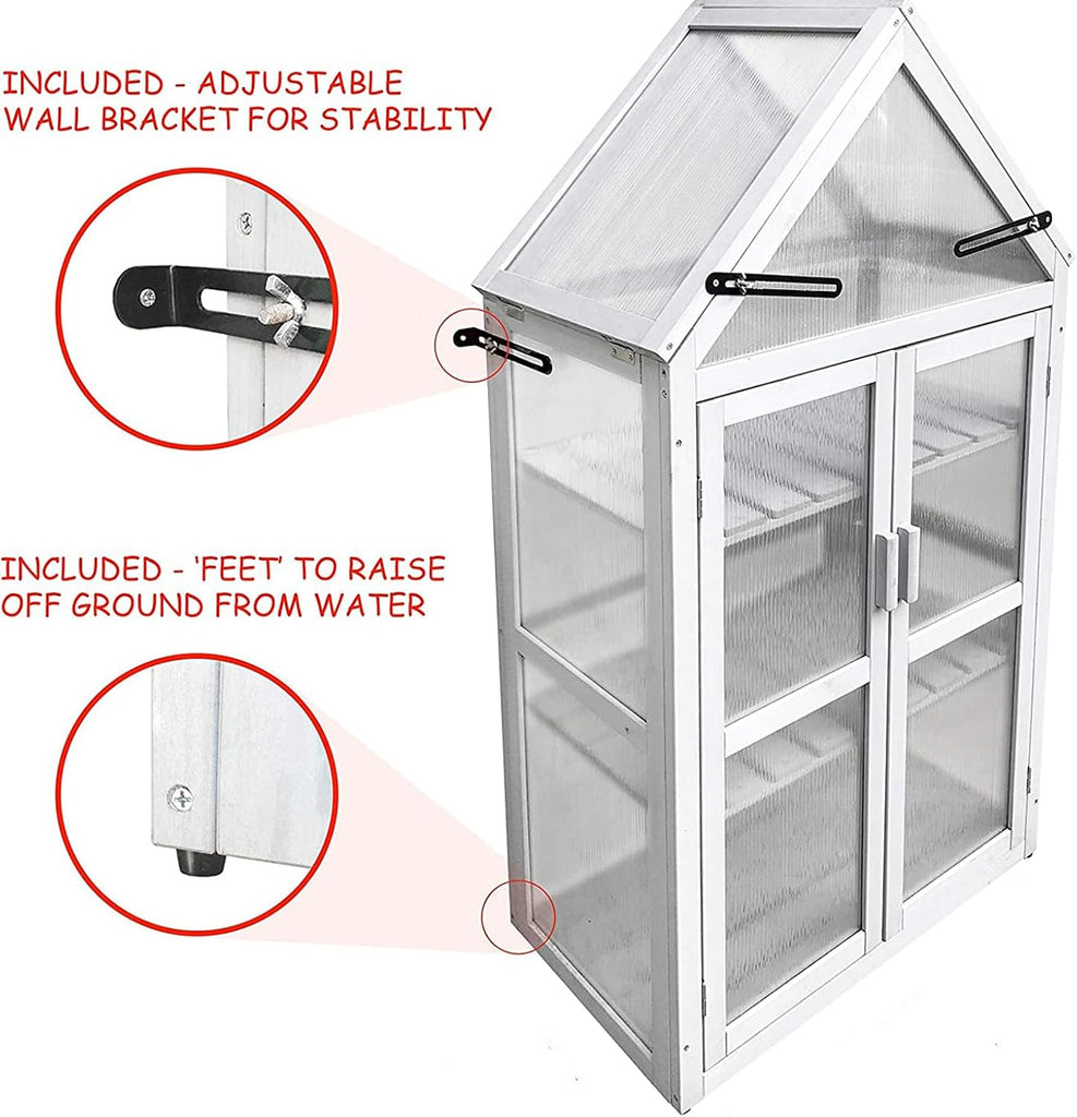 Wooden Mini Cold Frame Greenhouse with Adjustable Shelves, Opening Roof & Wall Mounts - Ideal, Balcony & Garden, Grey
