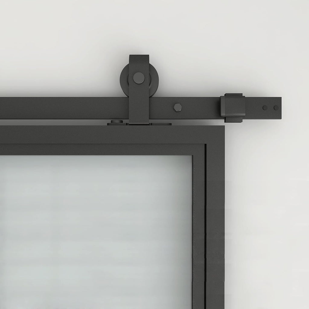 24 in. x 84 in. Full Lite Frosted Glass Black Steel Frame Interior Sliding Barn Door with Hardware K