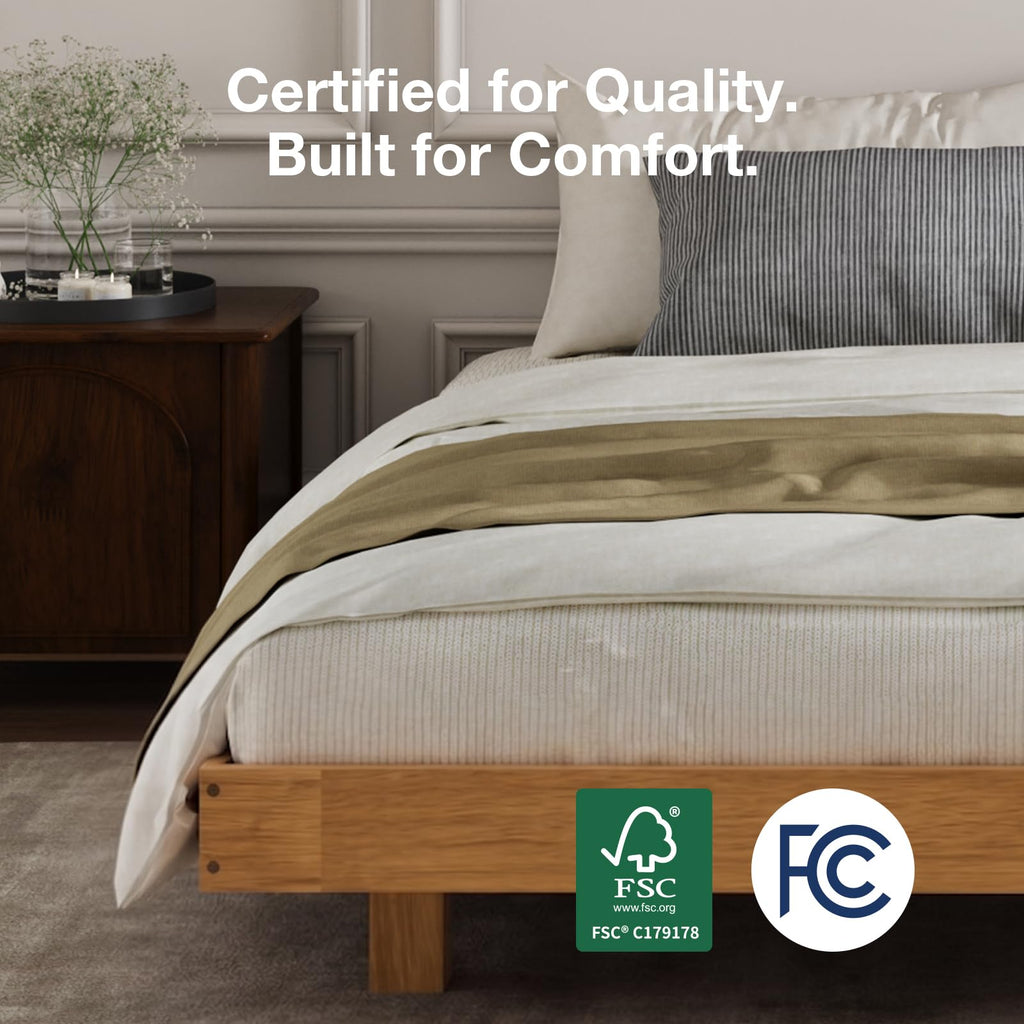 Floating Solid Wood King Size Bed Frame with Motion Sensor LED Light & Charging Station, Heavy Duty Platform Bed