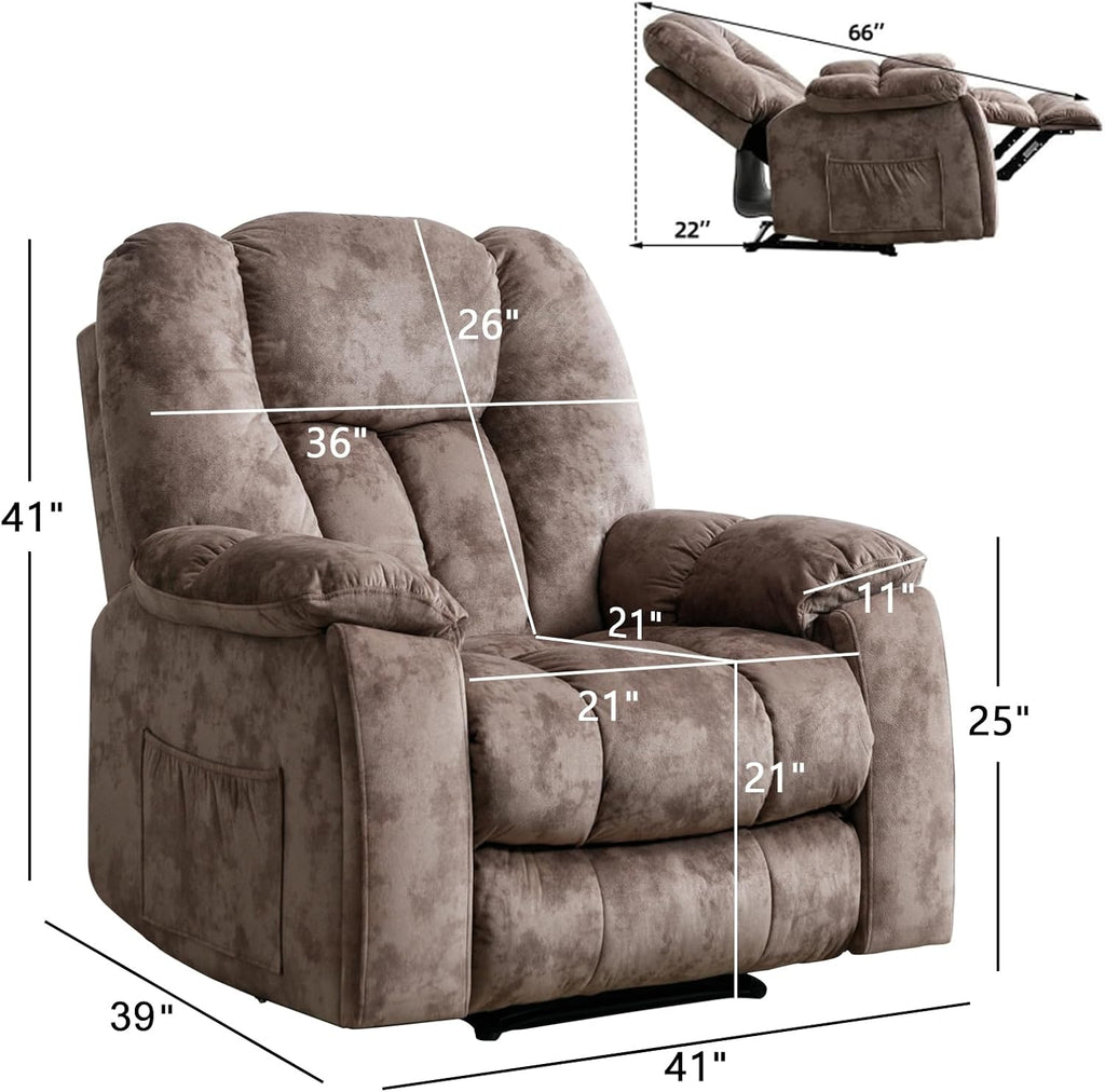 Manual Reclining Chair-Overstuffed Recliner Chair with Cup Holder Side Pocket Footrest Fabric Recliners Bedroom