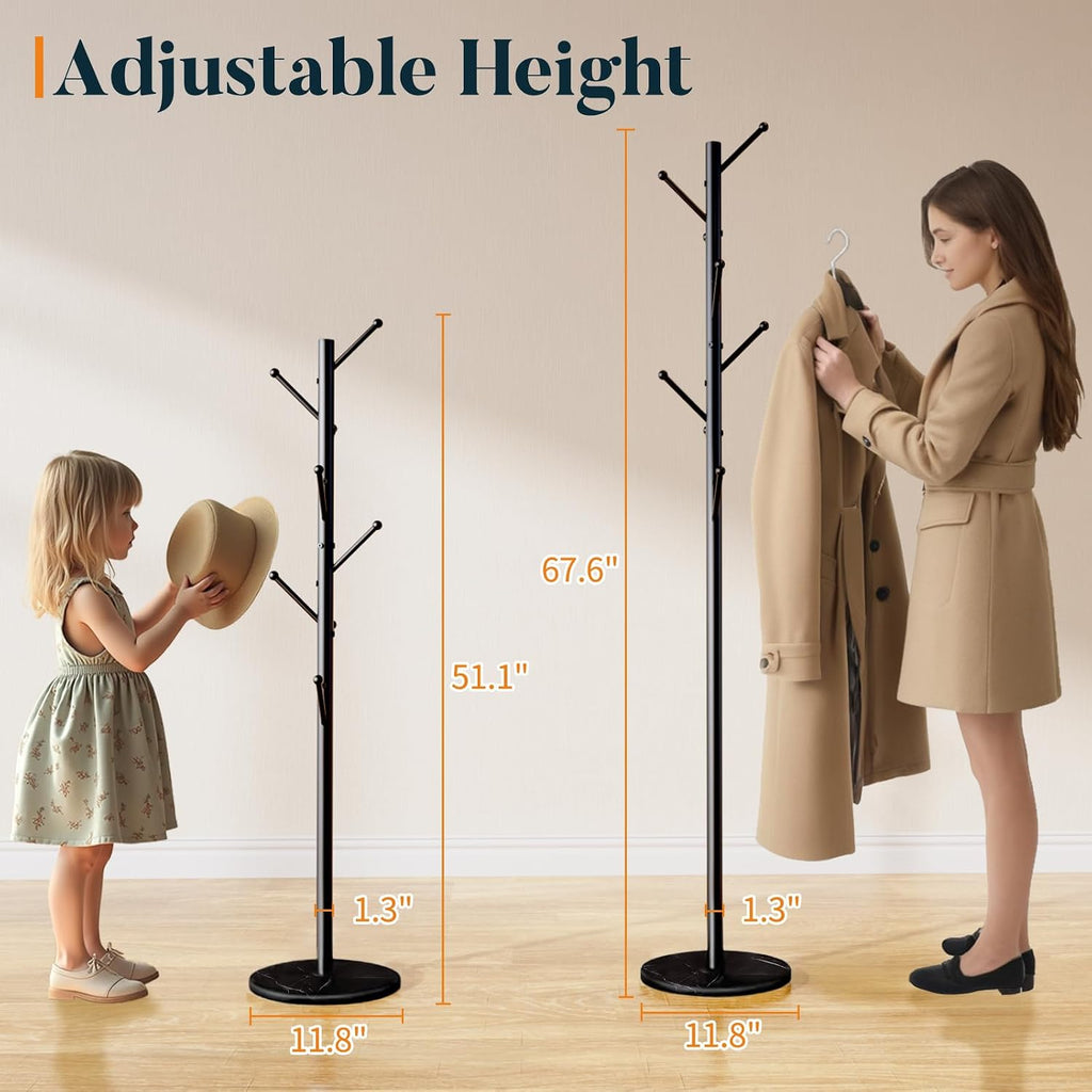 Coat Rack Freestanding with Natural Marble Base - Coat Tree with 8 Hooks Heavy Duty Coat Hanger Stand, Metal Coat