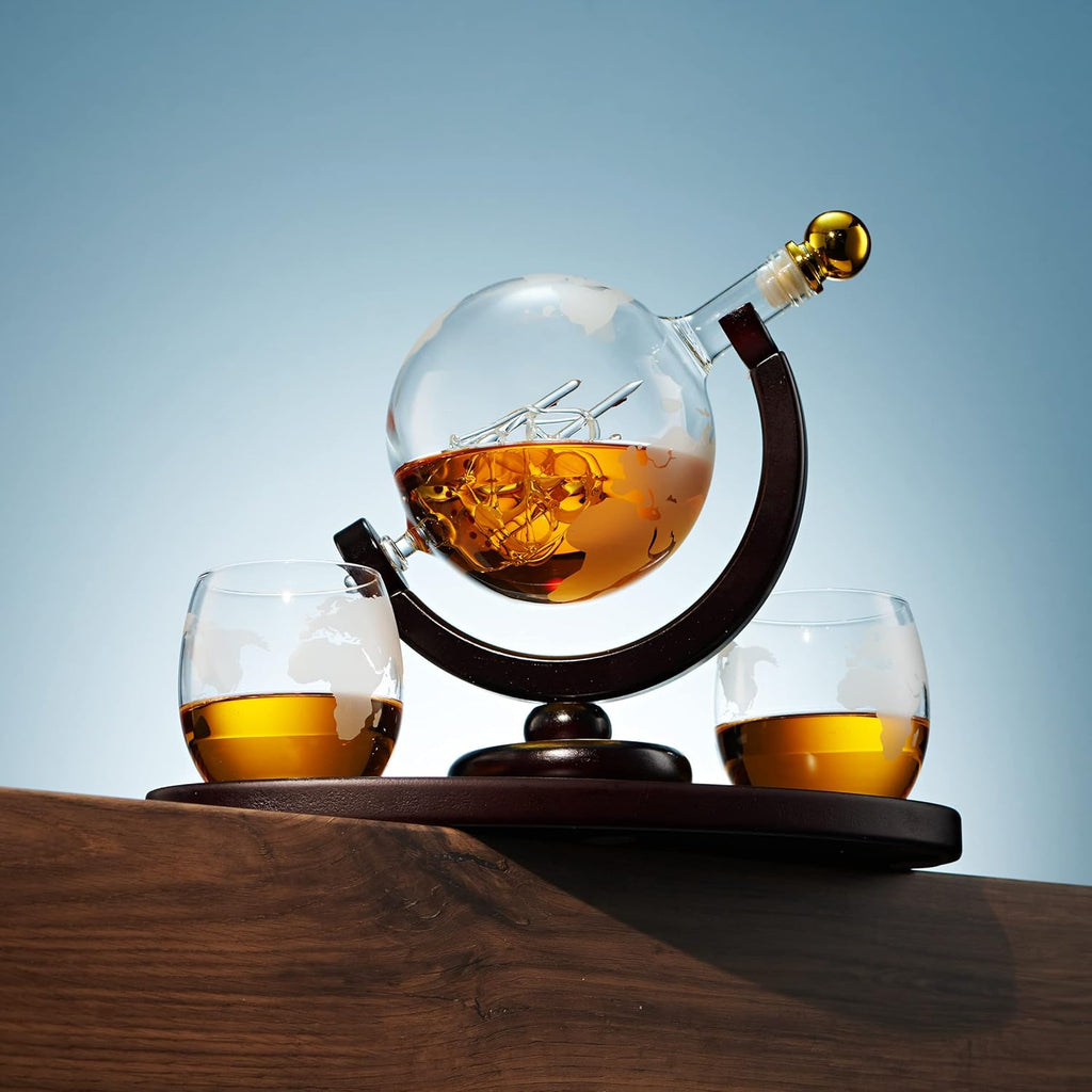 Gifts for Men, Whiskey Decanter Globe Set with 2 Etched Whiskey Glasses - for Liquor Scotch Bourbon Vodka, Gifts For