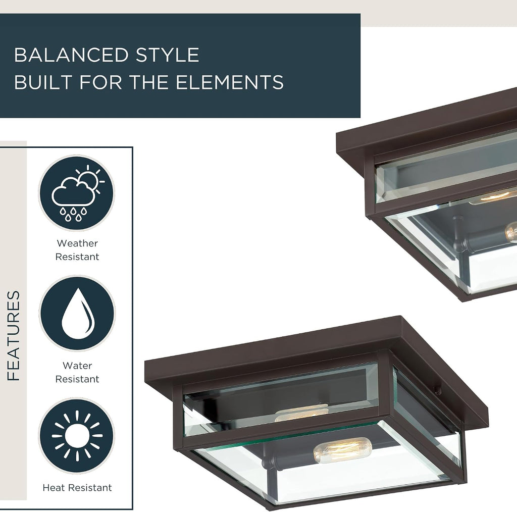 Westover 12" Outdoor Flush Mount Ceiling Light, 2-Light Western Bronze with Clear Beveled Glass, E12 Base