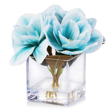Floral Artificial Real Touch Magnolia Faux Flowers Arrangement in Cube Glass Vase with Faux Water Wedding (Blue)