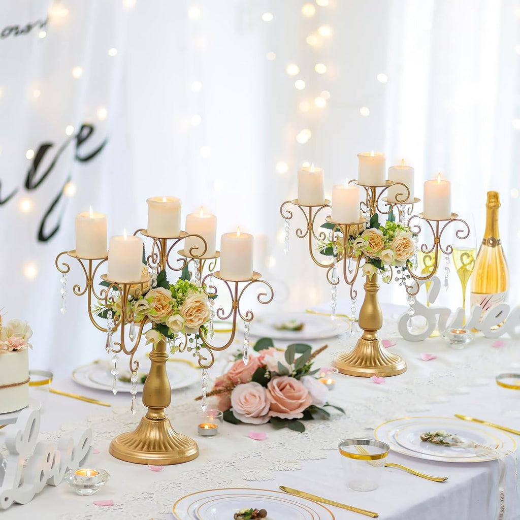 Gold Candelabra Candle Holder - 5 Arm Pillar Candle Holders with Crystal Beadsedding Candleholders Decoration Set of 2