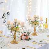 Gold Candelabra Candle Holder - 5 Arm Pillar Candle Holders with Crystal Beadsedding Candleholders Decoration Set of 2