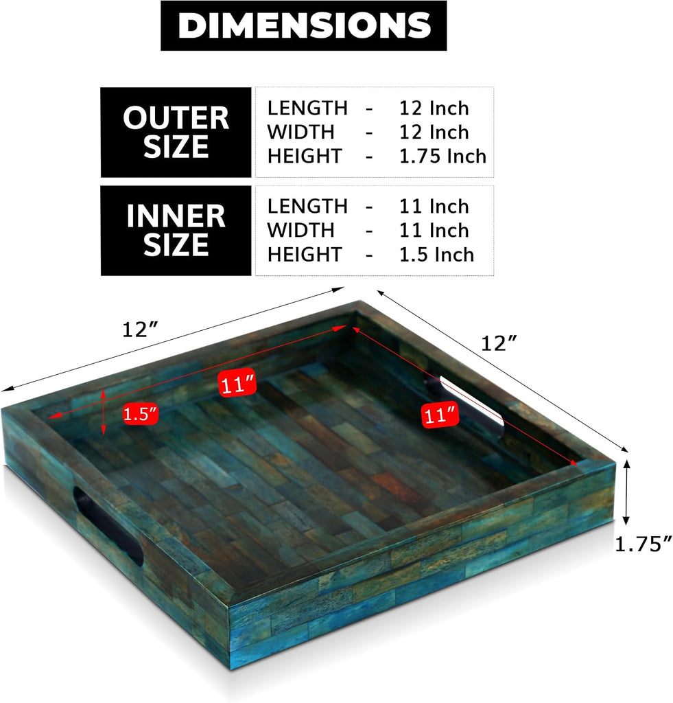 Verdigris Covered Inspired Decorative Tray - 12x12 Ottoman Tray, Multipurpose Bone Inlay Serving Tray Dining