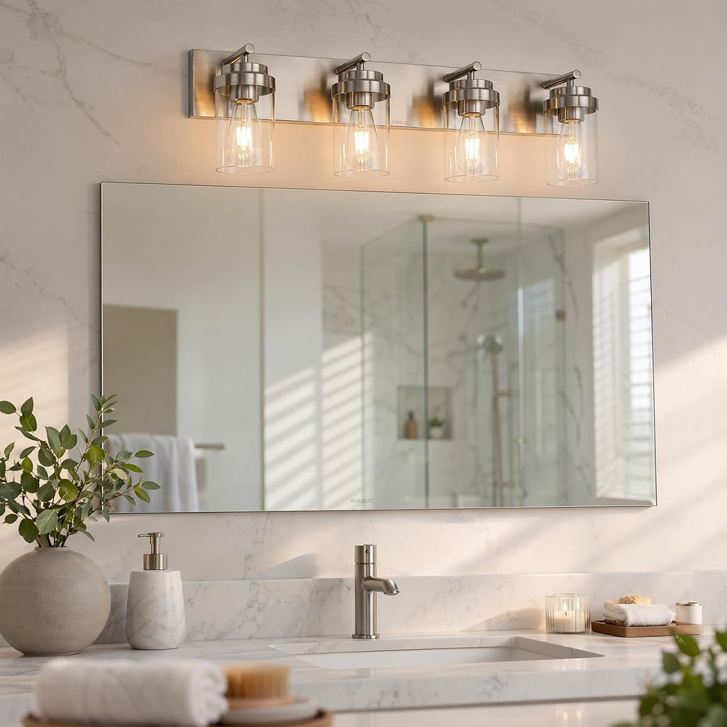 4-Light Bathroom Light Fixtures, Brushed Nickel Vanity Lights | Modern Bathroom Lighting Fixtures Over Mirror, Vanity