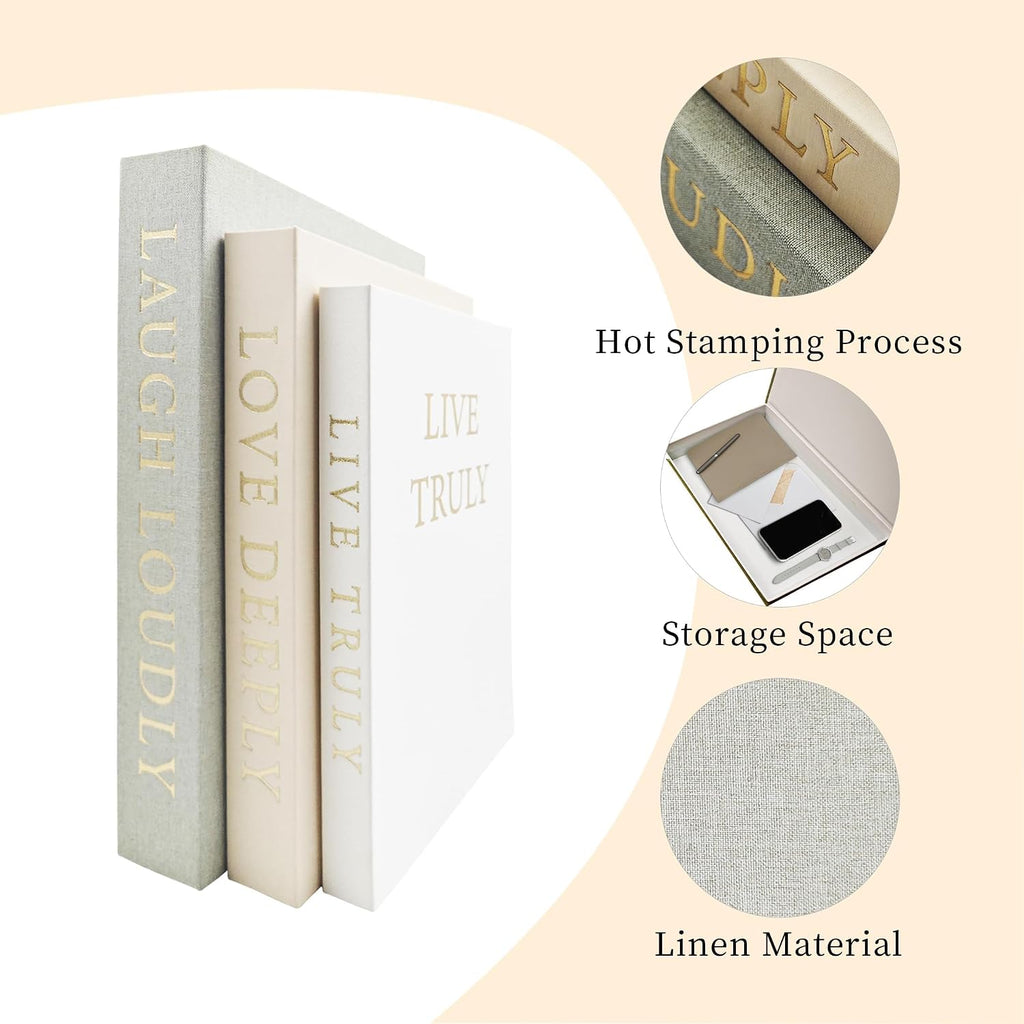Aesthetic Decorative Books, Set of 3 Linen Faux Books for Decoration | Fake Book Boxes with Storage Space, No