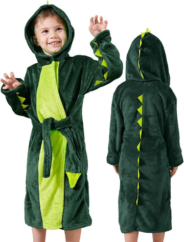 Kids Robe Boys Girl Dinosaur Plush Fleece Hooded Bathrobe