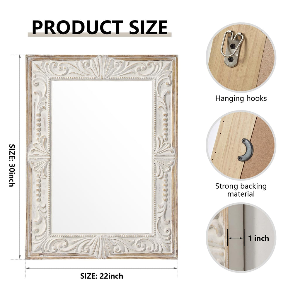 Rustic Wood Wall Mirror, 22x30" Rectangle Carved Bathroom Vanity Mirror