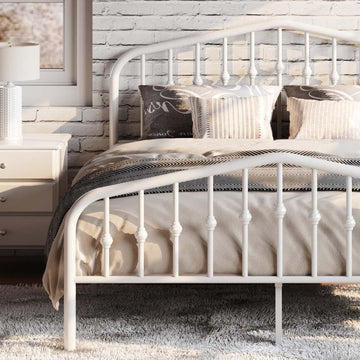 Queen Metal Platform Bed Frame with Victorian Style Wrought Iron-Art Headboard/Footboard, No Box Spring Required, White