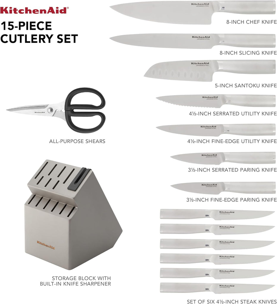 Gourmet Knife Block Set with Built-in Sharpener, 15-Piece, Stainless Steel