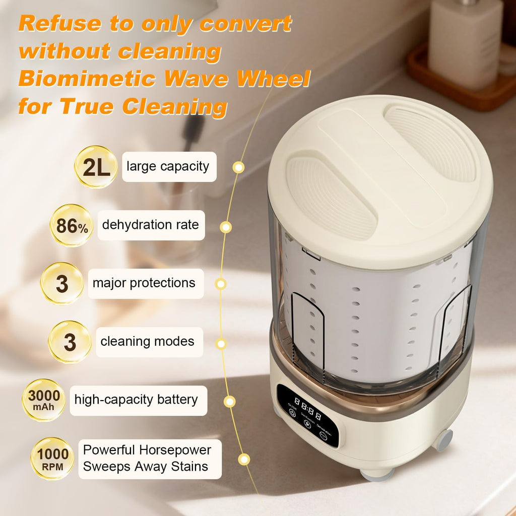 Portable Mini Washing Machine, 2L USB Rechargeable 3000mAh with Spin Dry Basket, 3 Modes Blue Light Cleaning, Compact