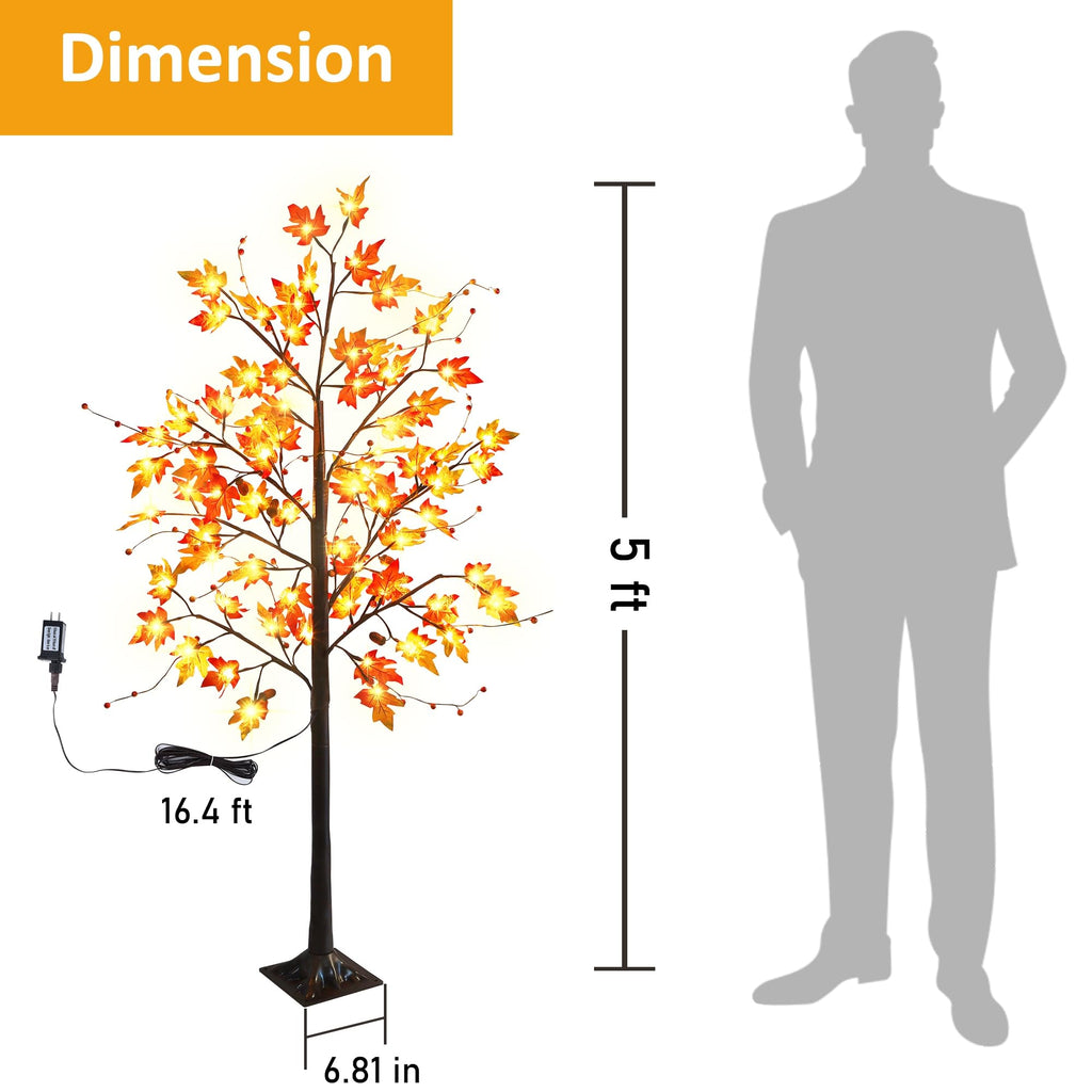2 Pack LED Lighted Maple Tree, 5 FT Lighted Artificial Tree for Thanksgiving Harvest Fall Festival Halloween Home