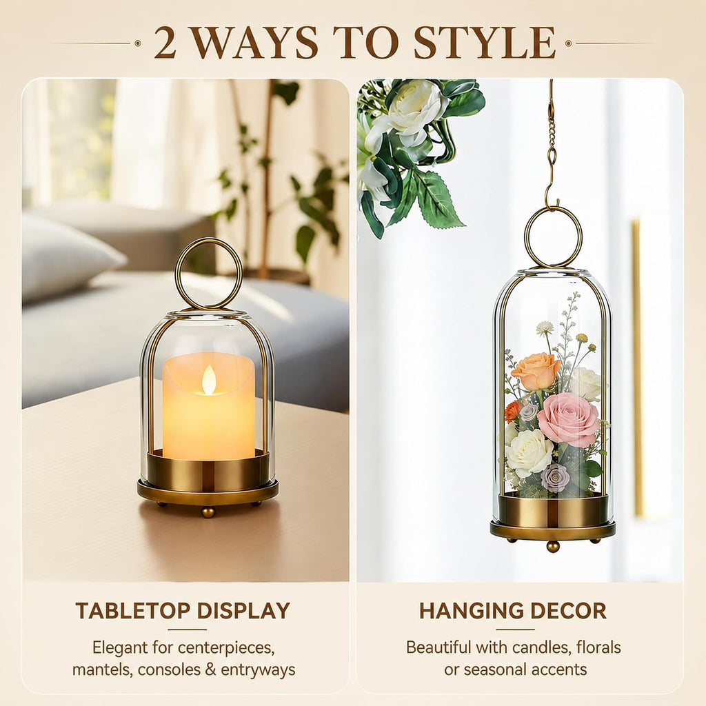 Brass Candle Holder with Glass Dome, Hurricane Glass Lantern Set of 2 | (5"x11" & 4.5"x7.6"), Hanging or Tabletop