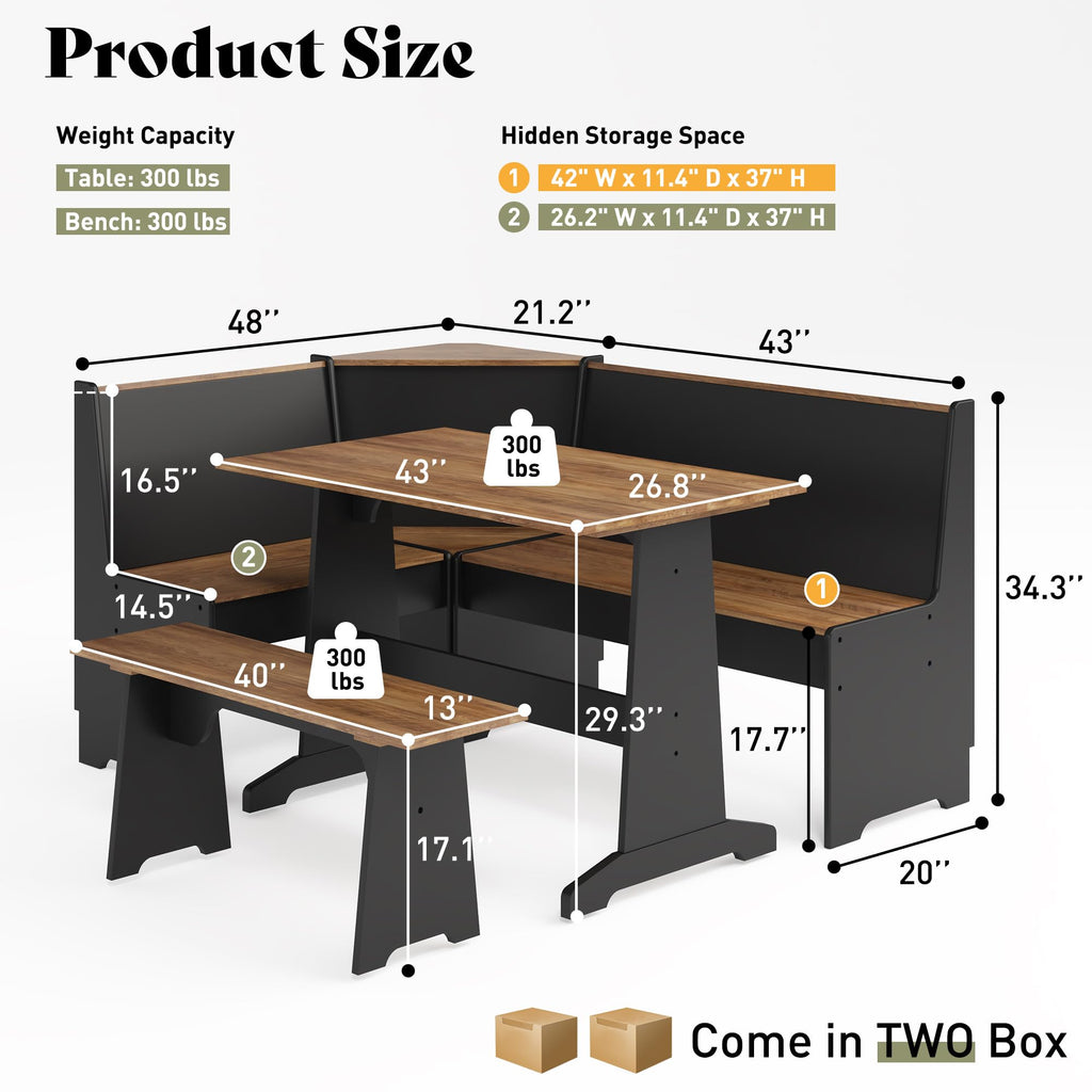3-Piece Breakfast Nook Dining Set with Storage, Black Oak