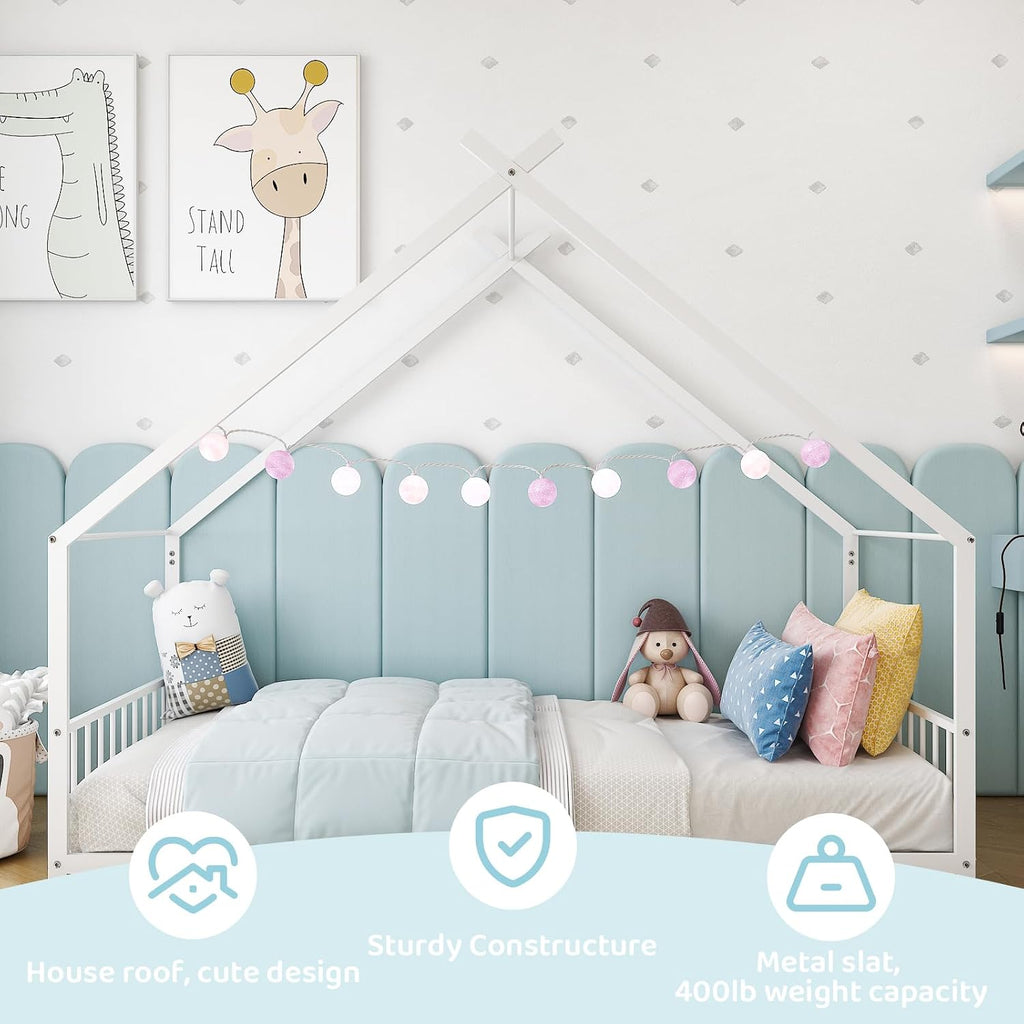 Twin Size Metal Toddler Floor Bed with Slats & Fence, White | Metal Montessori Bed, Roof/House/Canopy Bed Frame for